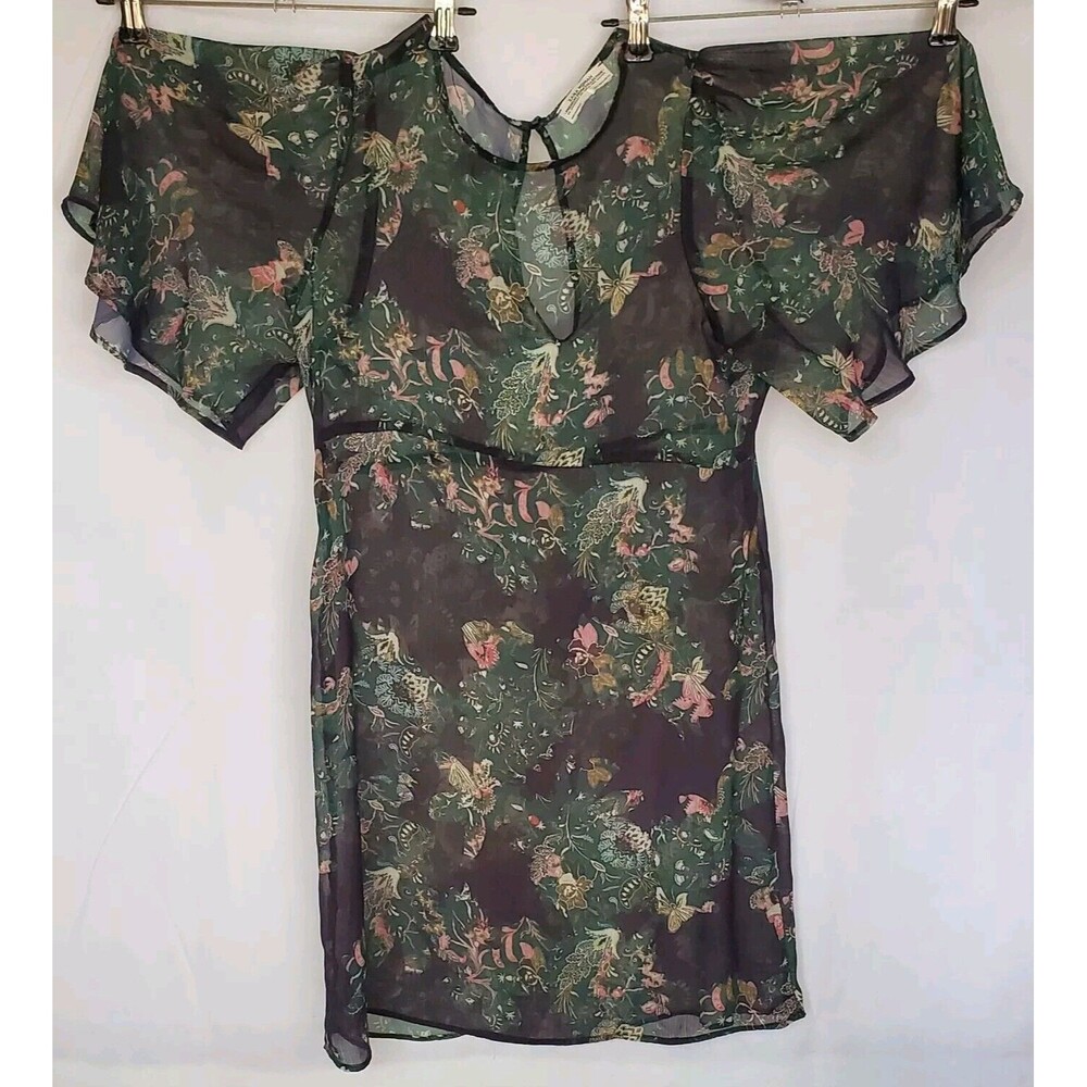 Zara Premium Denim Collection Sheer Floral Mini Dress Tunic Butterfly Sleeves XS